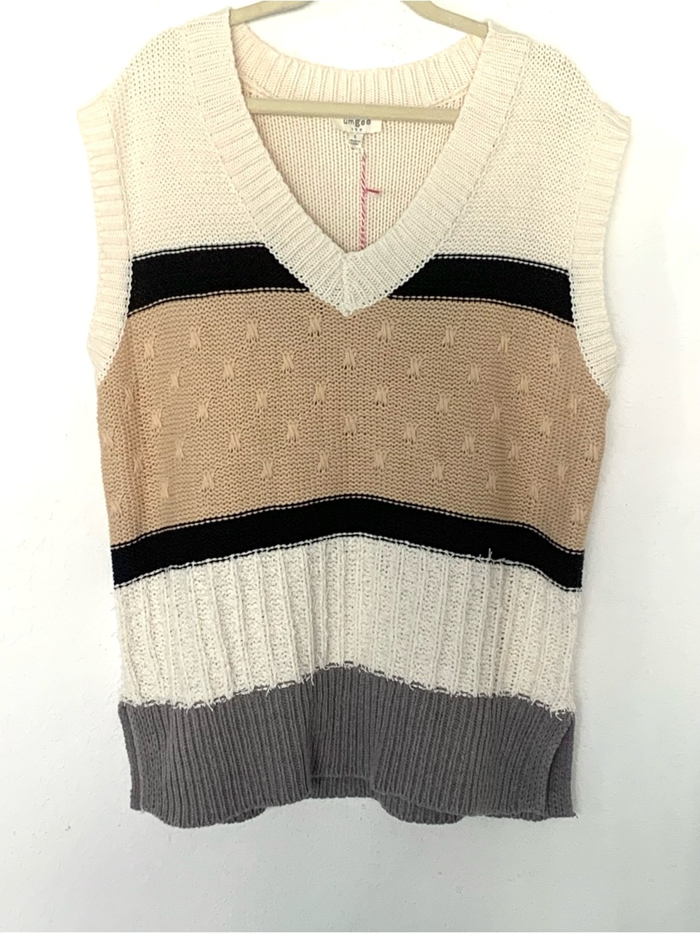 NEW Umgee Colorblock Fuzzy V-Neck Sleeveless Sweater Vest Preppy Academic Stripe
